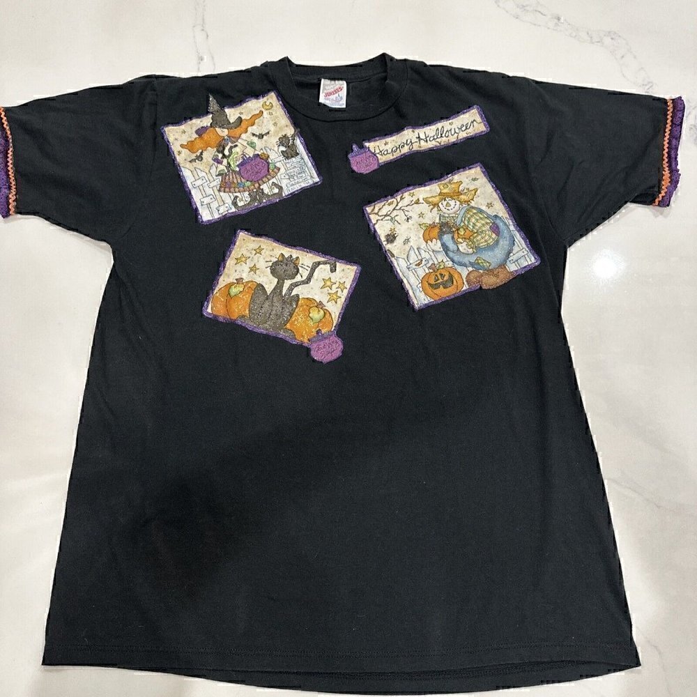 Vintage Halloween Jerzees DIY T-Shirt Sz L, Witches, Pumpkin, Scarecrow, USA